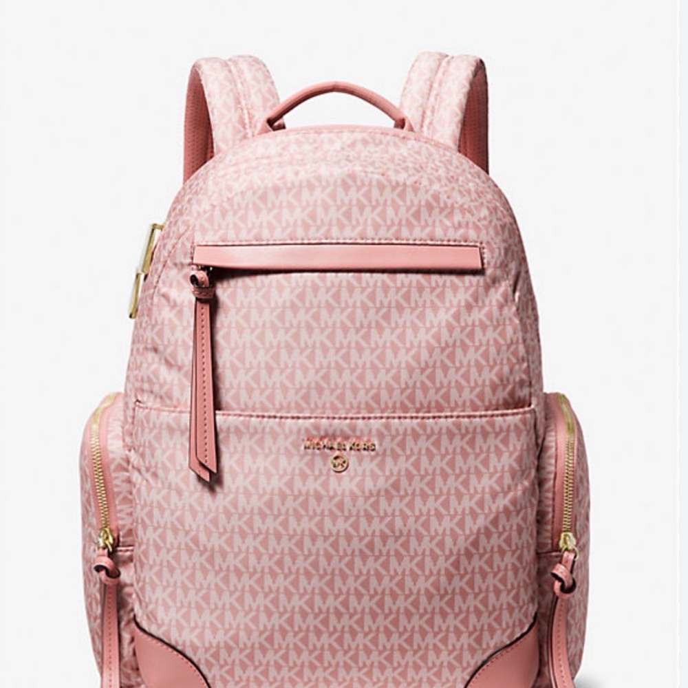 Michael Kors Pink Prescott Large Signature Logo Print Woven Backpack